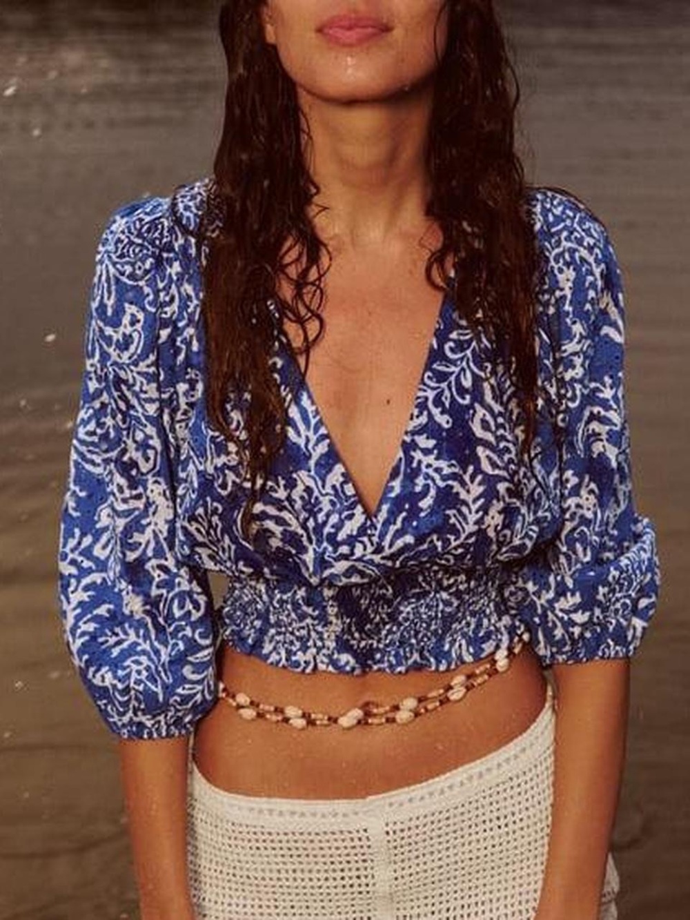 ZARA Blue Printed V-Neck Crop Blouse - Women Tops - S